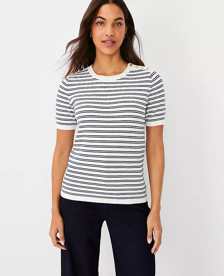 Striped Shoulder Button Sweater Tee
