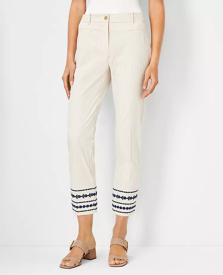 The Cotton Crop Pant In Floral Embroidered Stripe