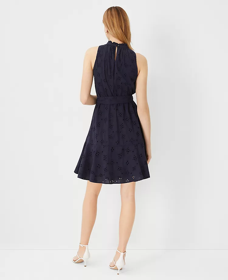 Eyelet Mock Neck Belted Flare Dress - Image 2