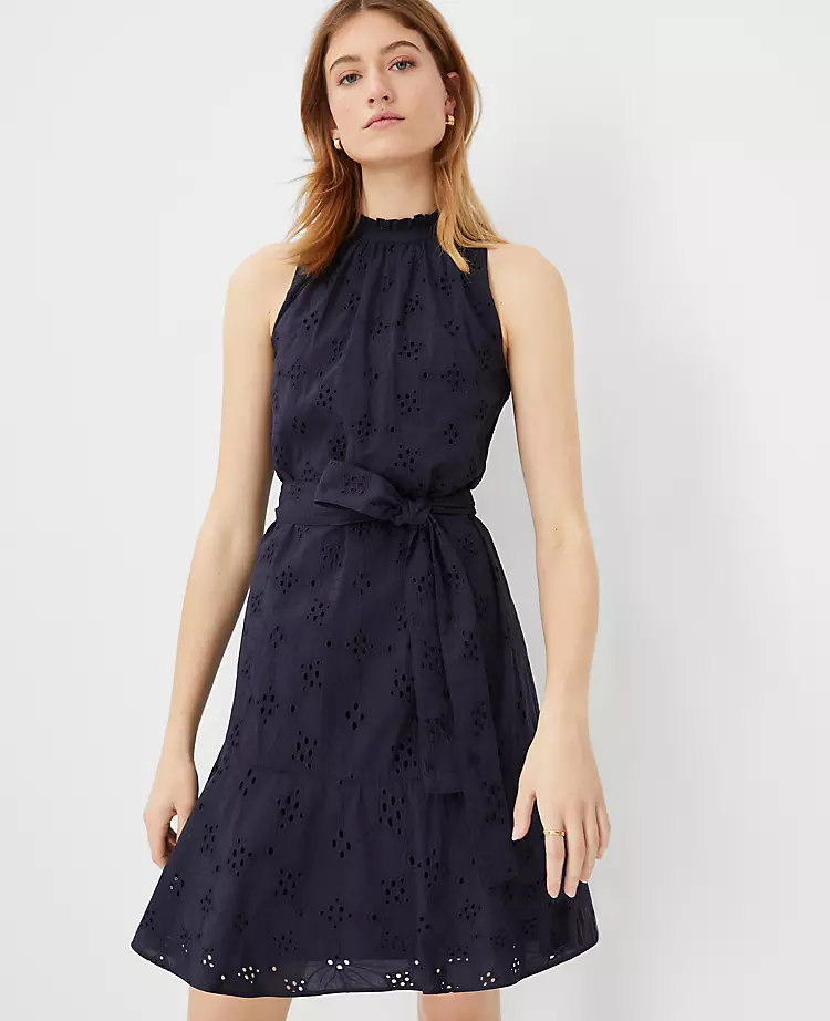 Eyelet Mock Neck Belted Flare Dress - Image 3