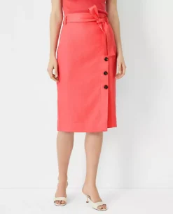 Button Wrap Tie Waist Pencil Skirt