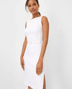 The Belted Boatneck Sheath Dress In Herringbone Linen Blend -Outlet Modern Muse Closet Store 608816 9000 ALT2