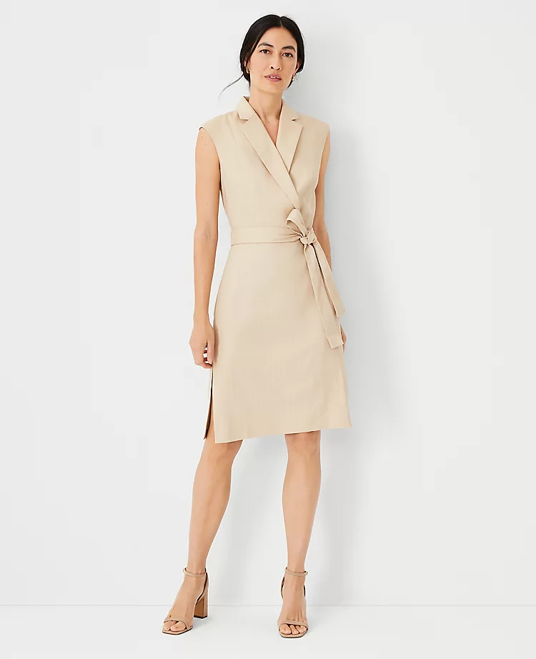 The Notched Collar Tie Waist Dress In Herringbone Linen Blend