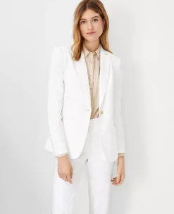 The Long Notched One Button Blazer In Herringbone Linen Blend