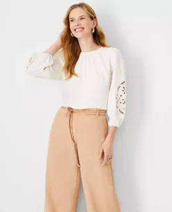 Eyelet Sleeve Mixed Media Top