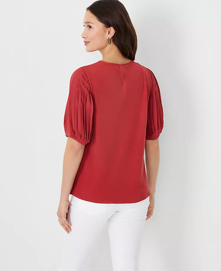 Pleated Elbow Sleeve Mixed Media Top - Image 2