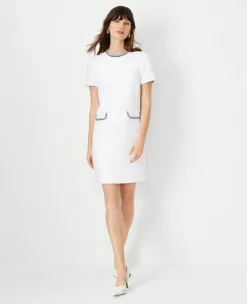 Trimmed Tweed Pocket Shift Dress