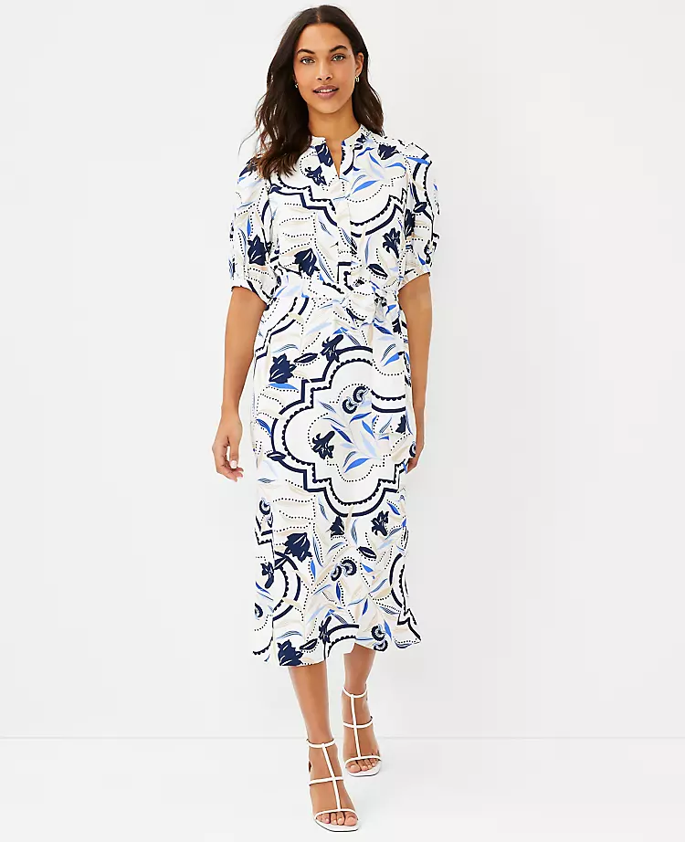 Tile Print Belted Shirtdress