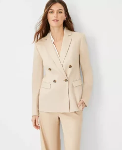 The Petite Long Double Breasted Blazer In Herringbone Linen Blend