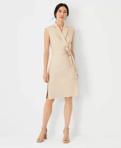 The Petite Notched Collar Tie Waist Dress In Herringbone Linen Blend