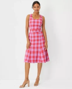 Petite Plaid Belted Midi Dress