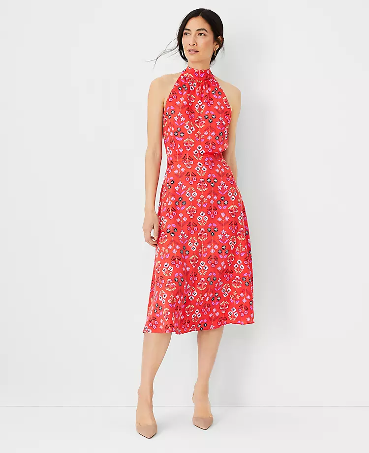 Petite Floral Tie Neck Flare Dress