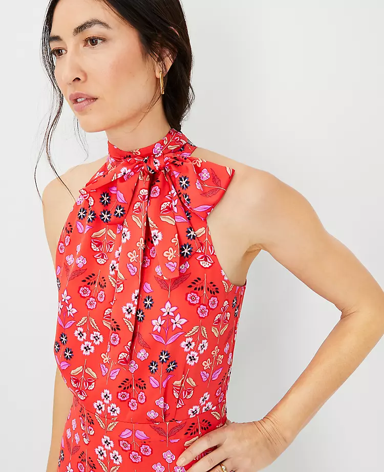 Petite Floral Tie Neck Flare Dress - Image 3