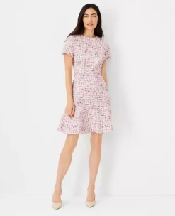 Petite Multicolored Tweed Flounce Dress
