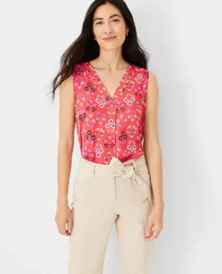 Petite Floral Mixed Media Pleat Front Top