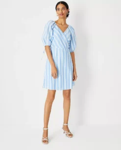 Striped Puff Sleeve Wrap Dress