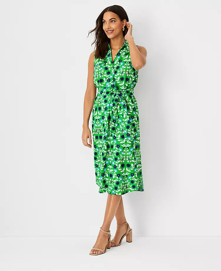 Floral Linen Blend Sleeveless Pocket Shirtdress