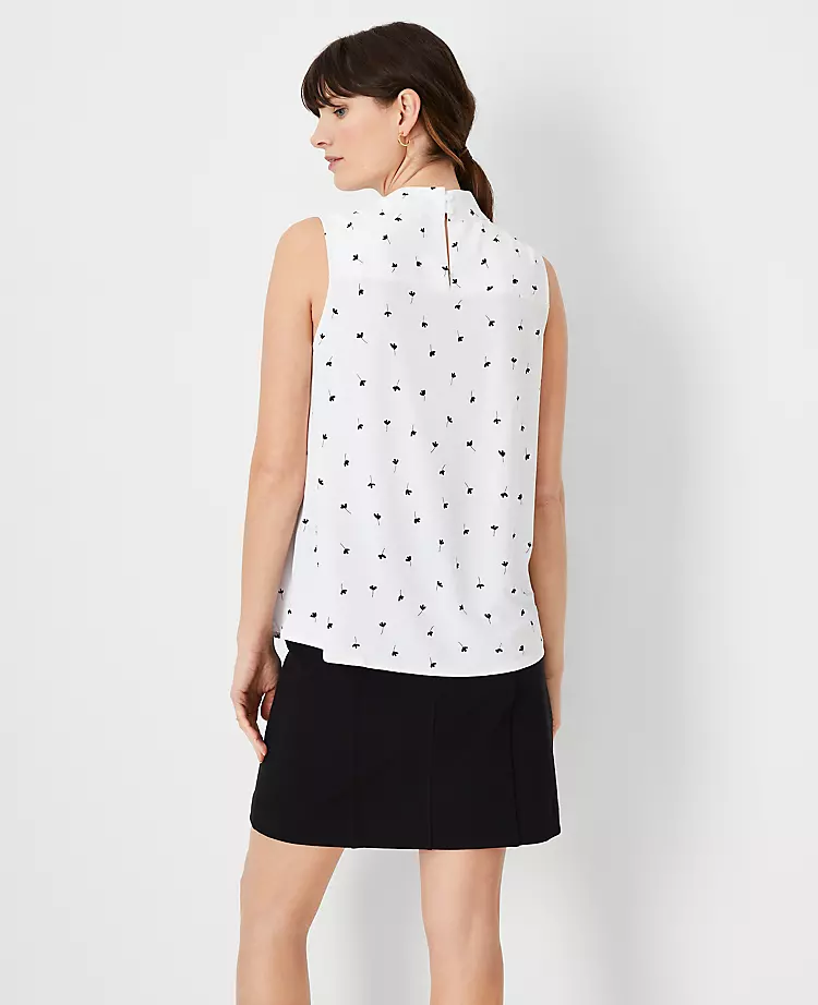 Floral Asymmetrical Tie Neck Mixed Media Shell - Image 2