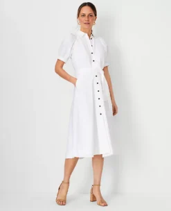 Linen Blend Puff Sleeve Pocket Shirtdress