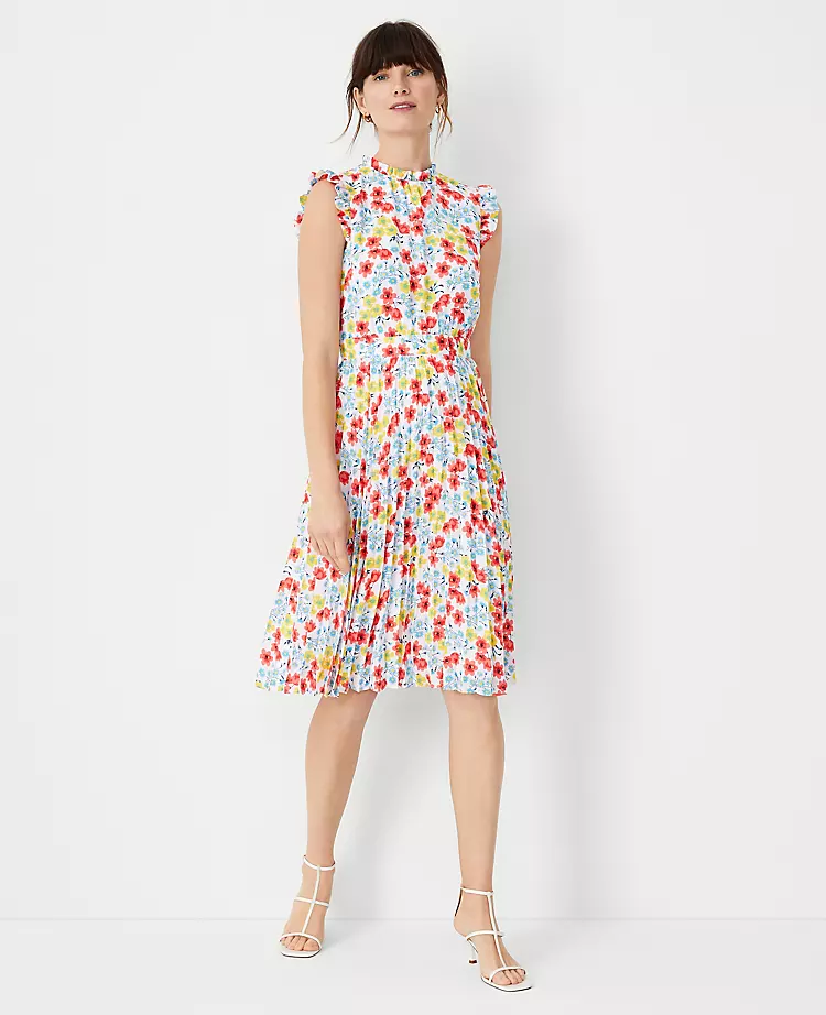 Petite Floral Ruffle Pleated Flare Dress