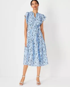 Petite Floral Flutter Sleeve Belted Flare Dress