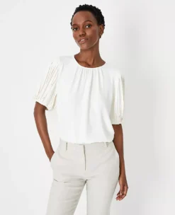 Petite Pleated Elbow Sleeve Mixed Media Top