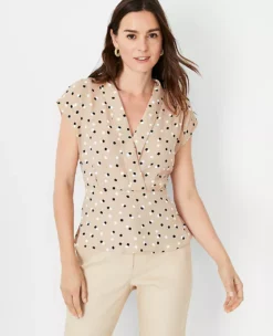 Petite Dotted Shawl Collar Mixed Media Peplum Top