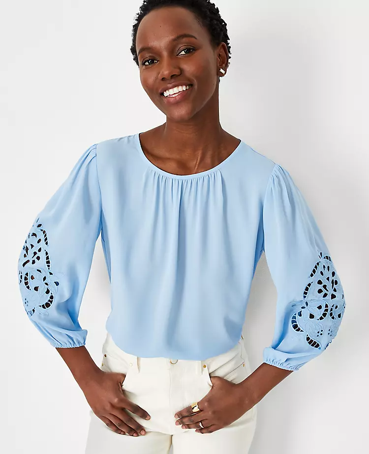 Petite Eyelet Sleeve Mixed Media Top 1 Petite Eyelet Sleeve Mixed Media Top