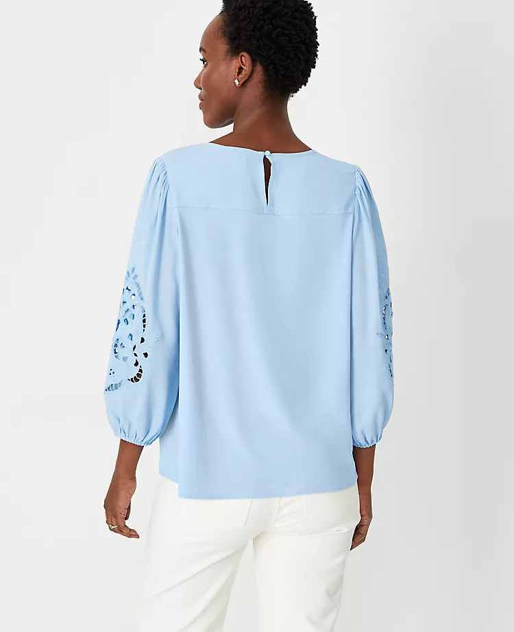 Petite Eyelet Sleeve Mixed Media Top 2 Petite Eyelet Sleeve Mixed Media Top - Image 2