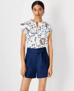 Petite Floral Scalloped Mixed Media Button Top