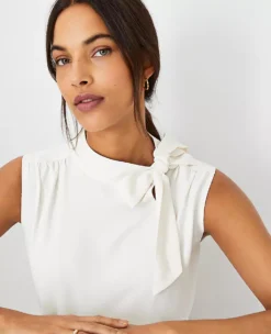 Petite Asymmetrical Tie Neck Mixed Media Shell