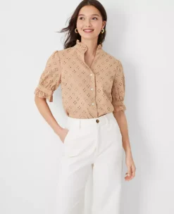 Petite Eyelet Ruffle Button Top